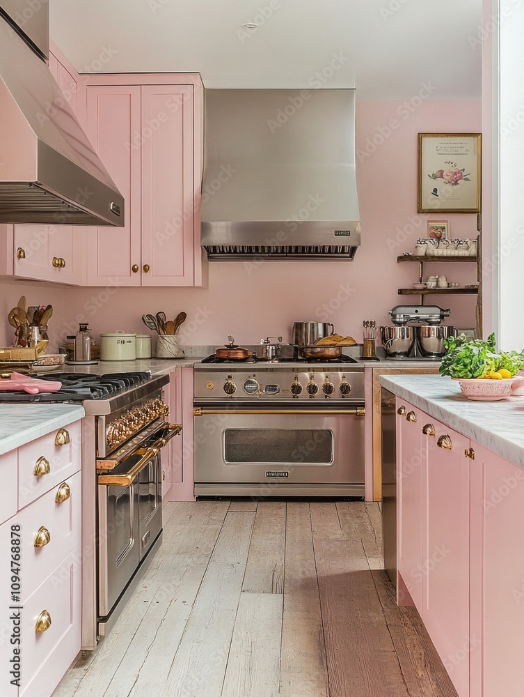 Fototapeta premium Elegant Pink Kitchen With Gold Accents And Stainless Steel Appliances