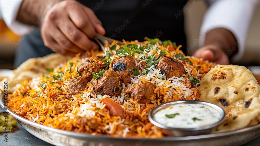A person uses a pair of tongs to serve a large portion of biryani, a popular South Asian dish made with rice, meat, and spices. A person uses a pair of tongs to serve a large portion of biryani, a popular South Asian dish made with rice, meat, and spices.