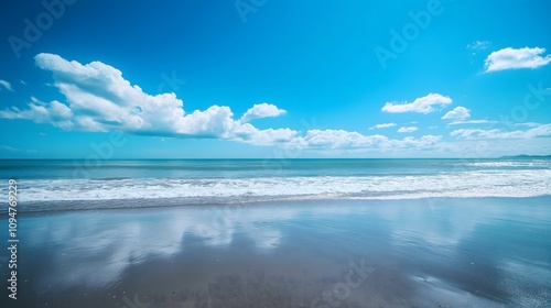 Serene beach scene with blue sky, fluffy clouds, and gentle waves reflecting on wet sand.