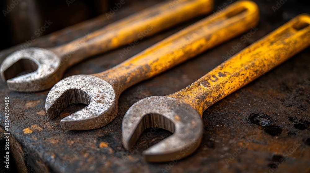 Three Rusty Wrenches with Yellow Handles on a Workbench Three Rusty Wrenches with Yellow Handles on a Workbench