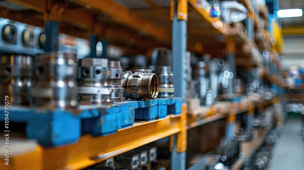 A Comprehensive View of Industrial Components Stocked Neatly on Shelves in a Warehouse Setting A Comprehensive View of Industrial Components Stocked Neatly on Shelves in a Warehouse Setting