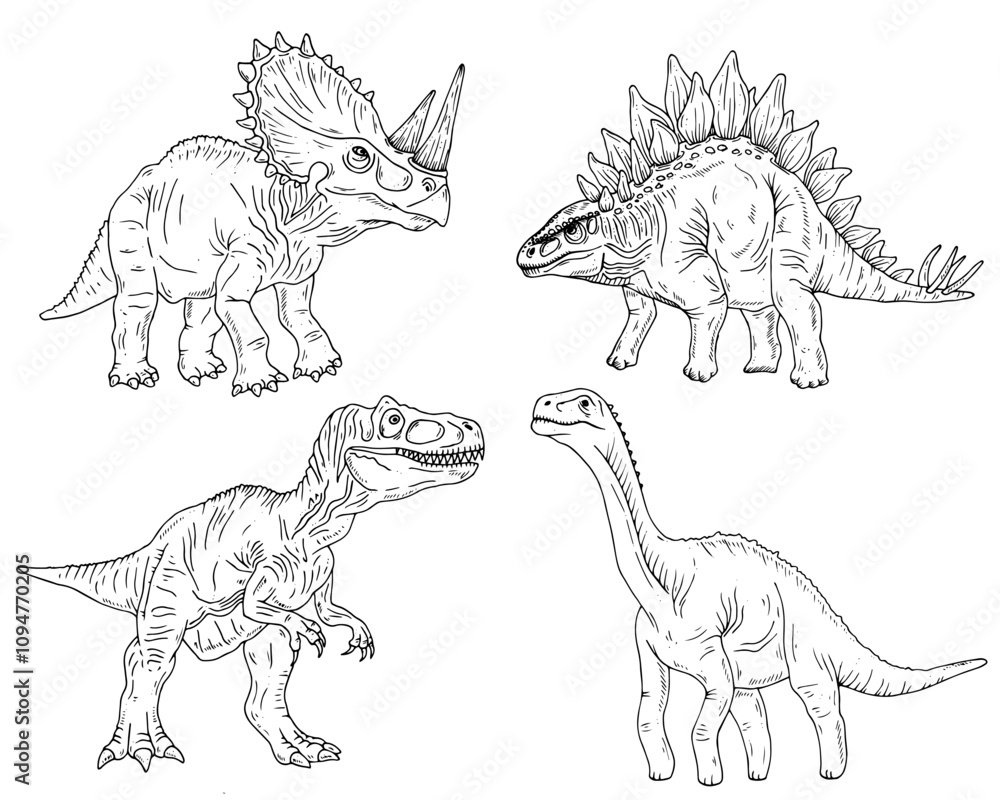 Graphics vector black and white dinosaur. Black line illustration with tyrannosaurus, stegosaurus, diplodocus, triceratops in the ink style. Graphics vector black and white dinosaur. Black line illustration with tyrannosaurus, stegosaurus, diplodocus, triceratops in the ink style.