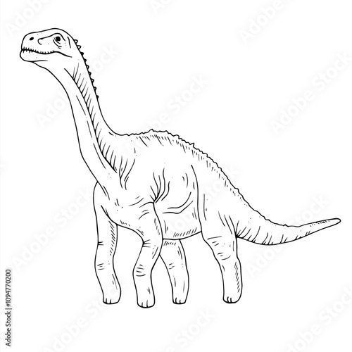 Graphics vector black and white dinosaur. Black line illustration with diplodocus in the ink style.