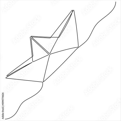 Continuous single line art drawing of paper boat sailing on the water river origami toy design vector illustration