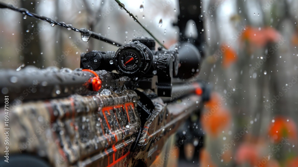 Fototapeta premium A close-up of a crossbow scope with rain droplets, set in a forest environment.