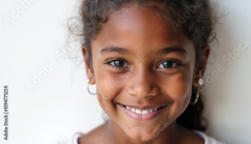 Cheerful young girl smiling with curly hair and bright eyes against a light background