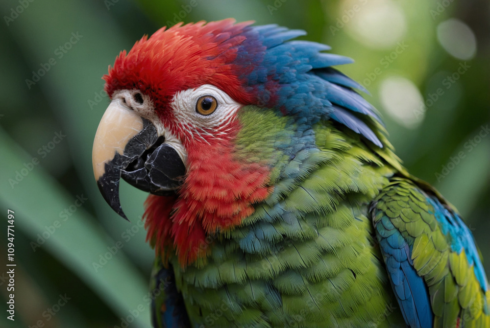 A detailed close-up of a vibrant parrot with colorful feathers in shades of red, green, and blue. A detailed close-up of a vibrant parrot with colorful feathers in shades of red, green, and blue.