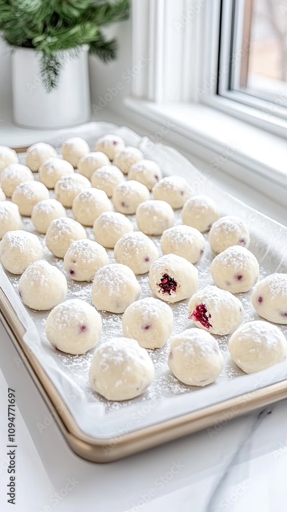 Snowball cookies filled with raspberry jam and dusted with confectioner's sugar rest on an oven tray next to a sunlit kitchen window Snowball cookies filled with raspberry jam and dusted with confectioner's sugar rest on an oven tray next to a sunlit kitchen window