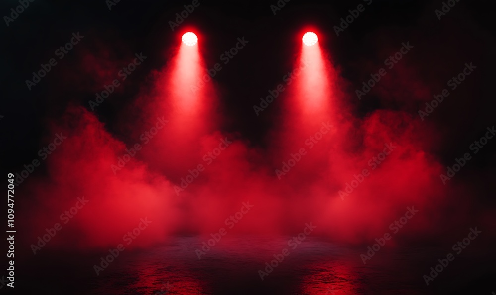 Fototapeta premium Free stage with lights and smoke, Empty stage with red spotlights, conser, show, party, Presentation concept. Red spotlight strike on black background 
