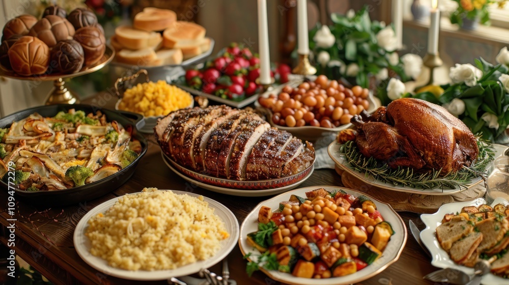 A festive table spread featuring various delicious dishes for a celebratory meal. A festive table spread featuring various delicious dishes for a celebratory meal.
