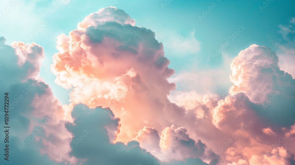 A whimsical sky filled with fluffy, A whimsical sky filled with fluffy,
