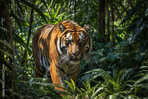 A stealthy tiger prowling through dense jungle foliage, with dappled sunlight breaking through the trees. photo