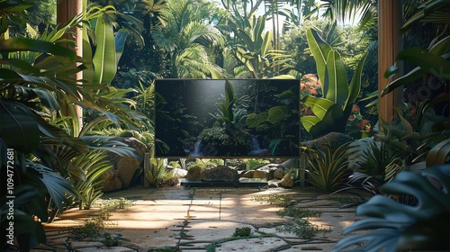 Fototapeta Naklejka Na Ścianę i Meble -  Large screen tv in a jungle environment.