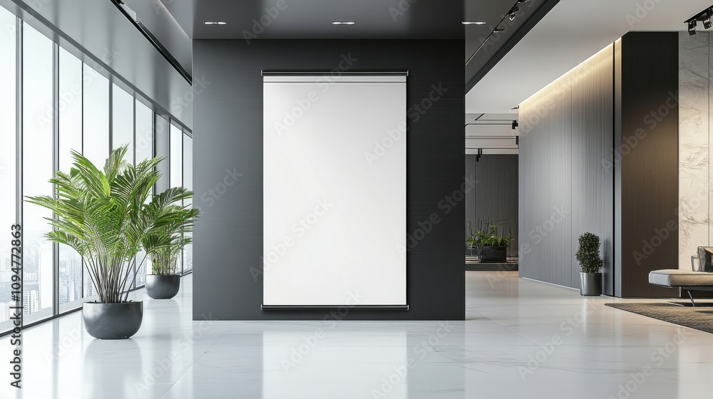 Vertical pull-up banner design situated in a sleek interior space with elegant details Vertical pull-up banner design situated in a sleek interior space with elegant details