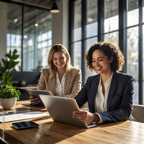 A professional and modern office setting with natural lighting streaming through large glass windows. A diverse group of young professionals collaborating around a wooden table, using laptops, tablets