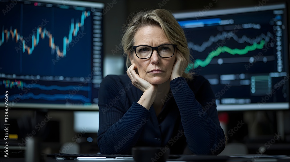 Focused analyst evaluating stock market trends in a modern office Focused analyst evaluating stock market trends in a modern office
