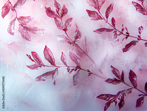 Delicate pink leaves arranged on soft pastel background create serene and dreamy atmosphere. translucent quality of leaves enhances calming effect