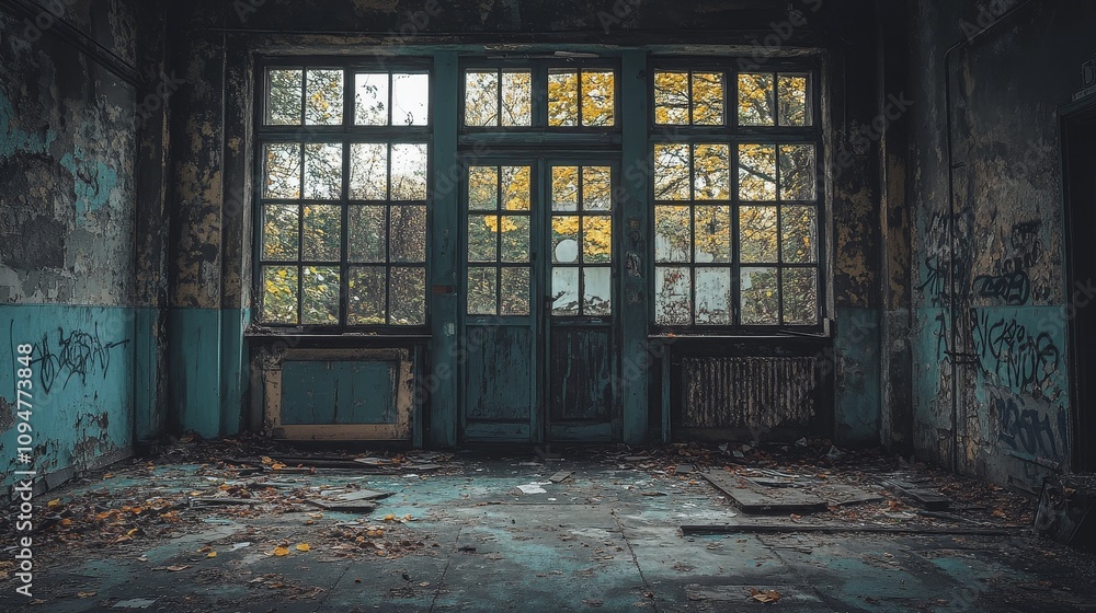A Single Doorway in an Abandoned Building with Graffiti on the Walls A Single Doorway in an Abandoned Building with Graffiti on the Walls