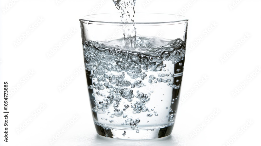Clear water being poured into a glass, showcasing bubbles and ripples Clear water being poured into a glass, showcasing bubbles and ripples