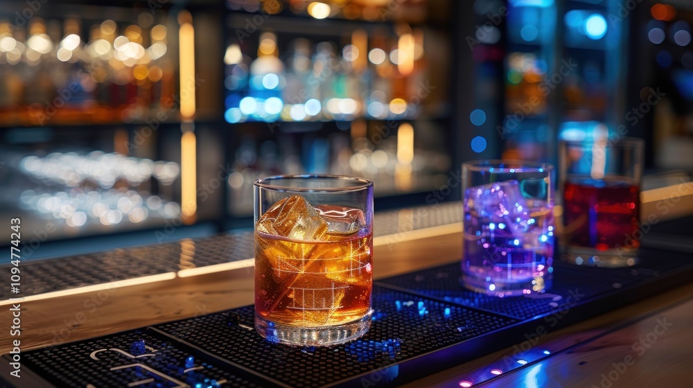 A vibrant bar scene featuring colorful drinks on a stylish countertop. A vibrant bar scene featuring colorful drinks on a stylish countertop.
