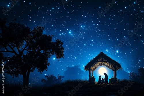 A tranquil scene of the Holy Family's silhouette in a stable, with Mary, Joseph, and baby Jesus outlined against a starry night sky, highlighting their peaceful surroundings.

 photo