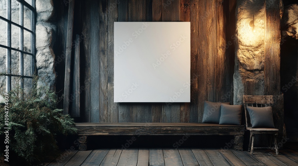 Square blank canvas displayed in a rustic interior for art or branding customization Square blank canvas displayed in a rustic interior for art or branding customization