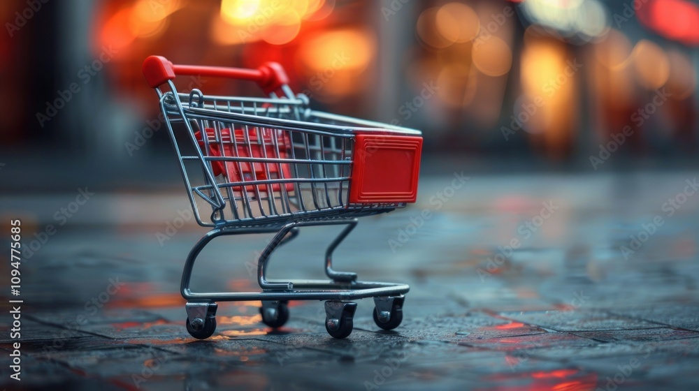 A shopping cart stands alone on a wet surface, illuminated by soft, blurred lights. A shopping cart stands alone on a wet surface, illuminated by soft, blurred lights.