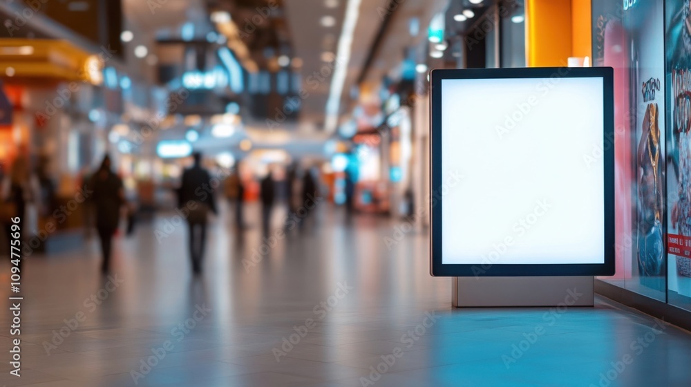 Indoor advertising screen located in a bustling shopping center for promotional content Indoor advertising screen located in a bustling shopping center for promotional content