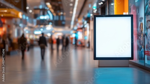 Indoor advertising screen located in a bustling shopping center for promotional content