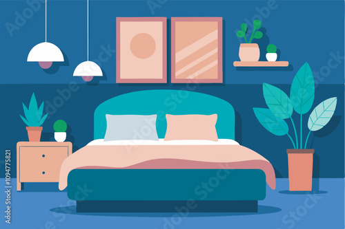 A modern, minimalist bedroom with a dark blue/purple wall, pink bedspread, green bedskirt, plants, and framed pictures exudes tranquility and warmth.