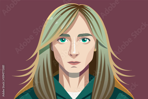 Stylized portrait illustration of a person: blonde hair, green eyes, green hoodie over white top, red to violet background, serious expression.