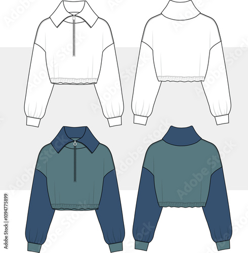 Roll Neck unisex sweatshirt, technical fashion illustration. Cropped hoodie fashion technical drawing template, zipper closure, front and back view.