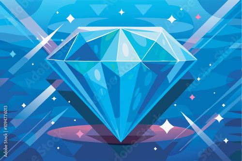 A cartoonish blue diamond emits light with red lines in a colorful, luxurious setting of stars and beams on a gradient background.