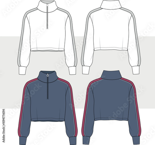 Long sleeve jacket technical drawing fashion flat sketch vector illustration template front and back views. unisex Sweatshirt clothing mock up.