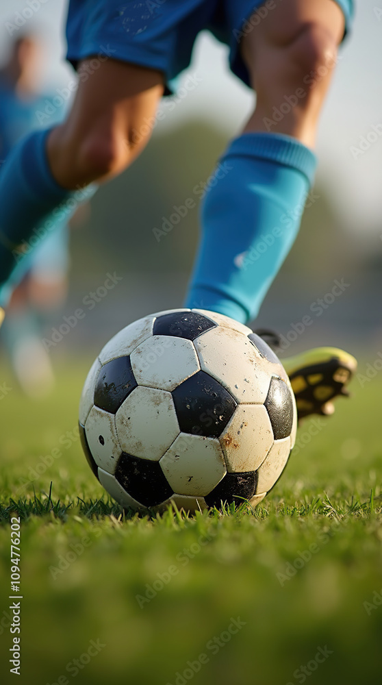 Fototapeta premium Close-Up View of Intense Soccer Match with Player and Ball