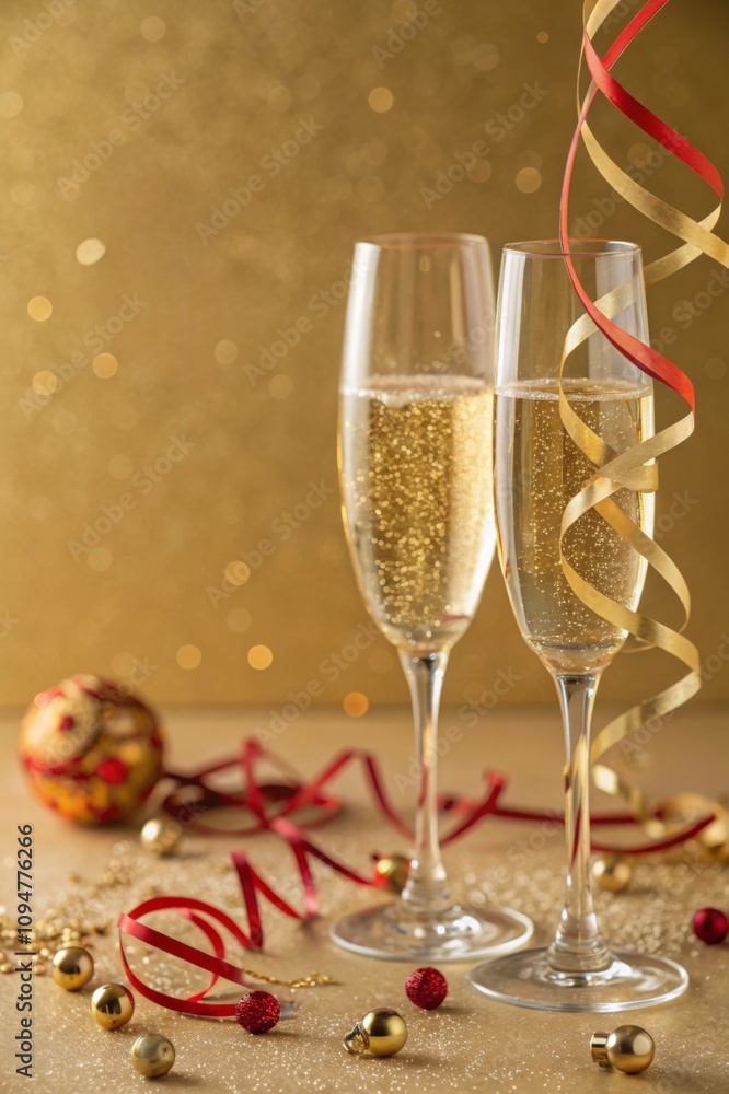 Two champagne flutes filled with sparkling wine stand on a glittery gold surface with red and gold ribbons and ornaments, creating a festive new year's eve atmosphere Two champagne flutes filled with sparkling wine stand on a glittery gold surface with red and gold ribbons and ornaments, creating a festive new year's eve atmosphere
