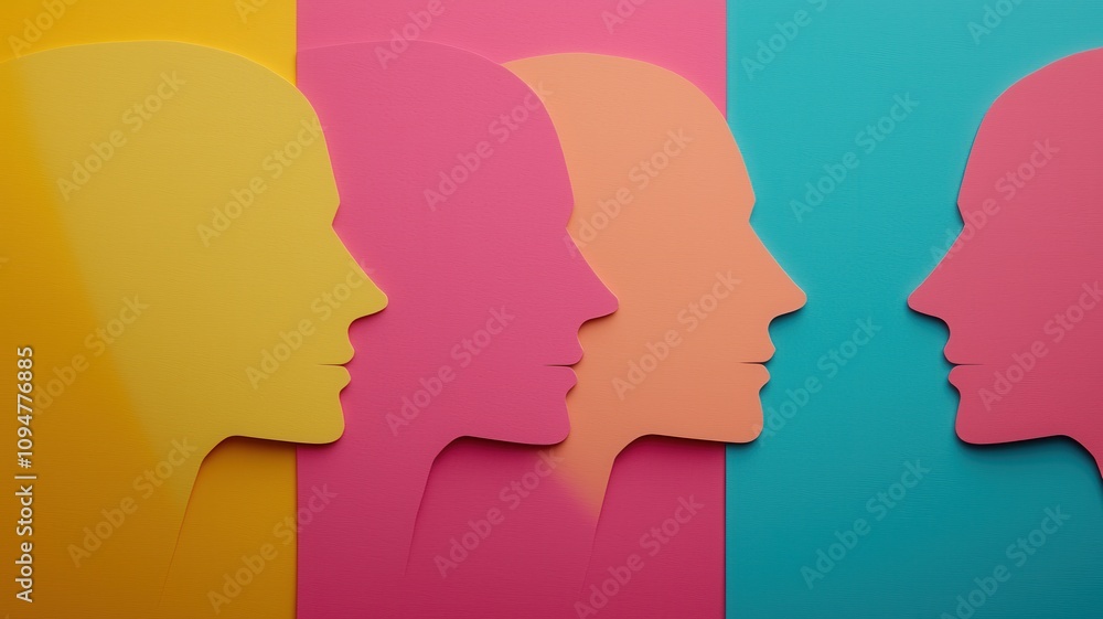 An abstract design of layered, colorful human profiles in yellow, pink, orange, and blue tones, symbolizing diversity and connection. An abstract design of layered, colorful human profiles in yellow, pink, orange, and blue tones, symbolizing diversity and connection.