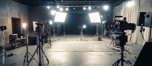 A Film Studio Set with Cameras and Lighting Equipment photo