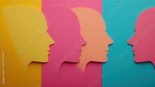 An abstract design of layered, colorful human profiles in yellow, pink, orange, and blue tones, symbolizing diversity and connection.