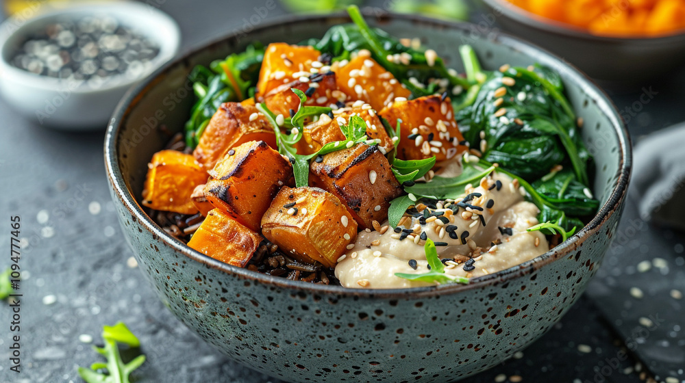 A beautifully arranged grain bowl featuring wild rice, roasted sweet potatoes, saut?(C)ed spinach, and a dollop of hummus, topped with a sprinkle of sesame seeds. A beautifully arranged grain bowl featuring wild rice, roasted sweet potatoes, saut?(C)ed spinach, and a dollop of hummus, topped with a sprinkle of sesame seeds.