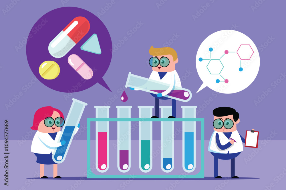 emotion cute vector, illustration flat cartoom character man and woman scientists doctor engineering medicine in laboratory reasearch new drugs in chemistry concept.