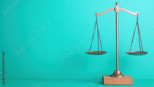 Minimalist image of a bronze balance scale placed on a wooden base, set against a bright turquoise background, symbolizing fairness and justice.