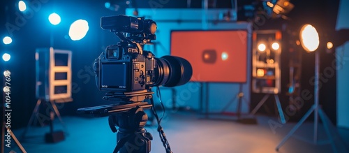A professional video camera on a tripod in a studio setting with lights and a screen