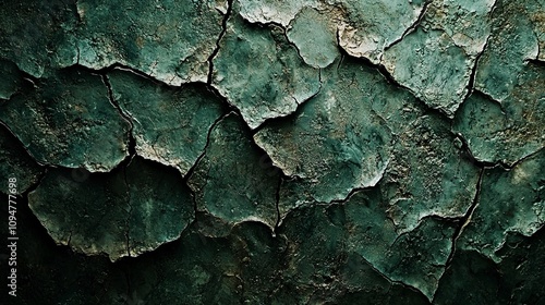 The image displays a textured wall with a rich emerald shade and a peeling surface. The distinct green hues and cracks offer a unique visual appeal suitable for designs.