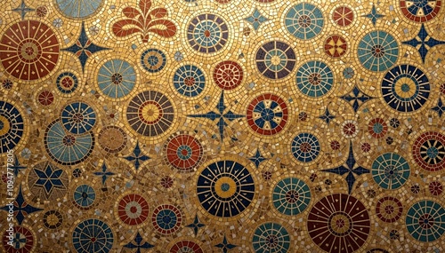 Geometric Mosaic Tile Pattern in Gold Blue Red Design