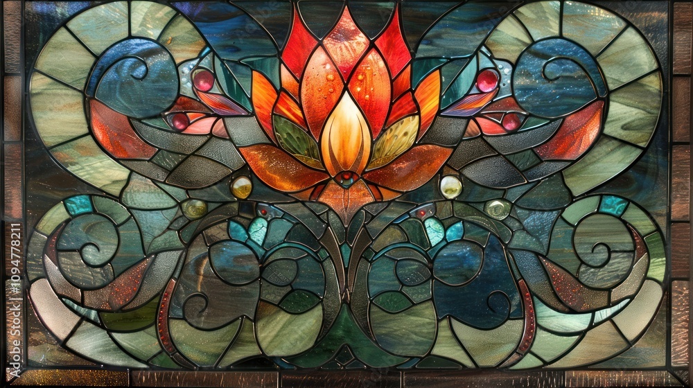 A vibrant stained glass artwork featuring a lotus flower and swirling patterns. A vibrant stained glass artwork featuring a lotus flower and swirling patterns.