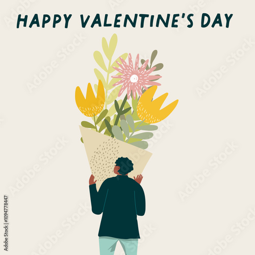 Romantic illustration. A tiny man with a huge bouquet. Love, love story, relationship. Vector design concept for Valentines Day , hand drawn vector.