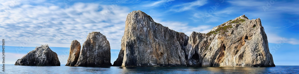 Rocky Outcrop Regality: Towering formations jutting from the ocean, home to nesting seabirds. Rocky Outcrop Regality: Towering formations jutting from the ocean, home to nesting seabirds.