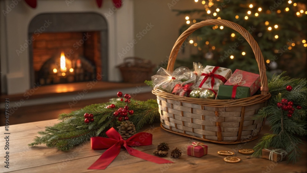 Wicker basket full of christmas presents sits on a wooden table with a lit fireplace and decorated tree in the background Wicker basket full of christmas presents sits on a wooden table with a lit fireplace and decorated tree in the background