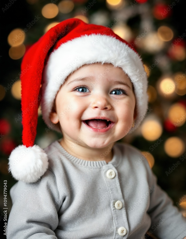 Joyful baby looking at camera in christmas costume Joyful baby looking at camera in christmas costume